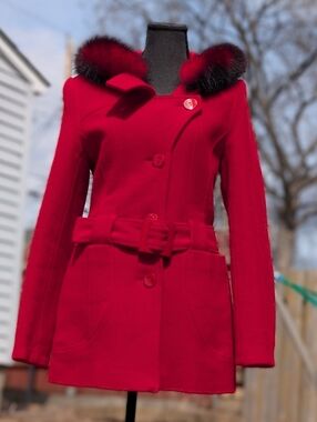 VTG Rene Faux Fur Deep Red Peacoat Women's Size 42, US Small Wool Blend